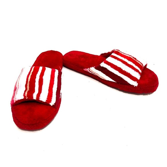 Vintage 1990s deadstock red plush fuzzy striped slippers - Picture 4 of 7